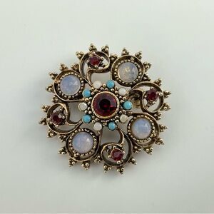 Host Pick! Vintage Victorian Revival Brooch,Filigree, Ruby, Moonstone, Turquoise